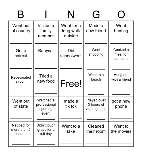 Fall Break Bingo Card