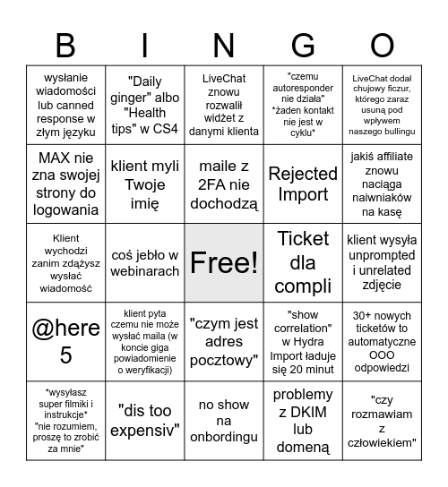 Praca w CSie Bingo Card