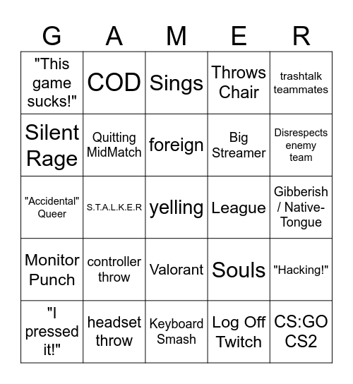 GAMER RAGE BINGO Card