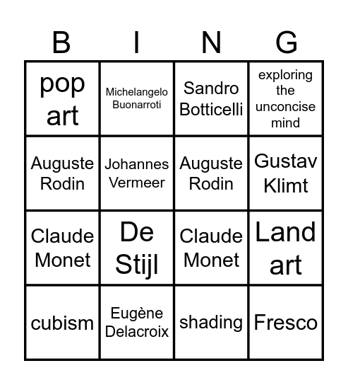 art trivia bingo Card