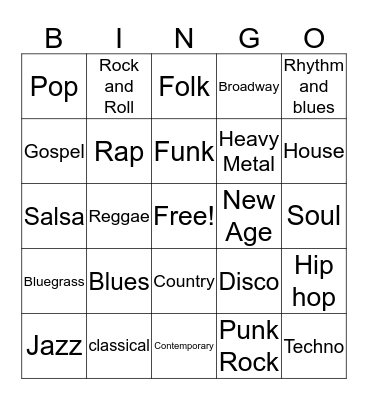 Music Styles Bingo Card