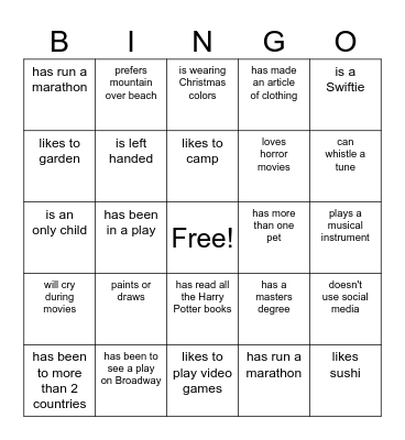Find Someone Who.... Bingo Card