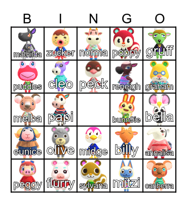 Animal Crossing Villager Hunt Bingo Card