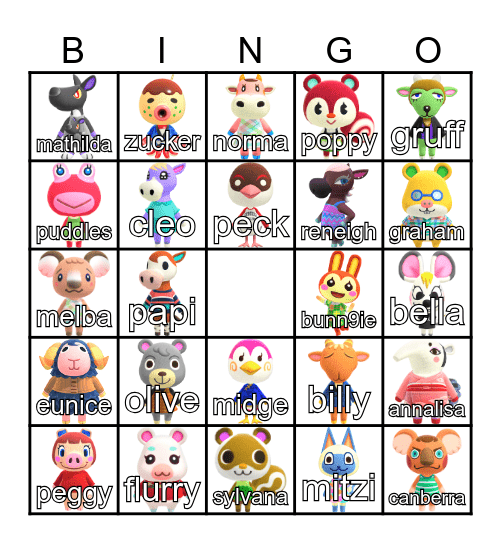 Animal Crossing Villager Hunt Bingo Card