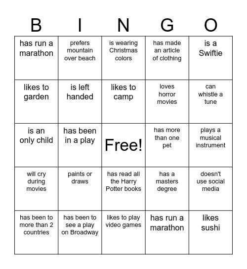 Find Someone Who.... Bingo Card