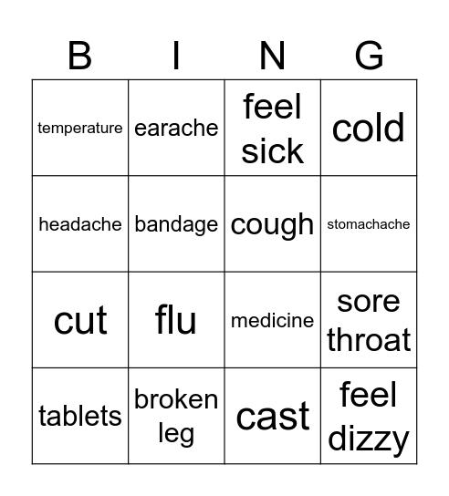 Healt Problems Bingo Card