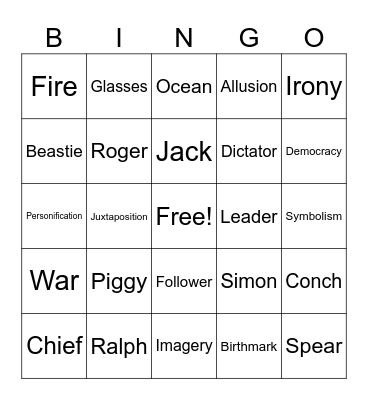 Lord Of Flies Bingo Card
