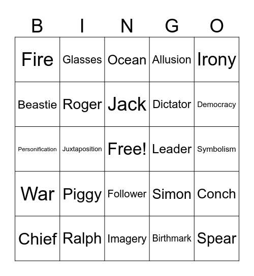 Lord Of Flies Bingo Card