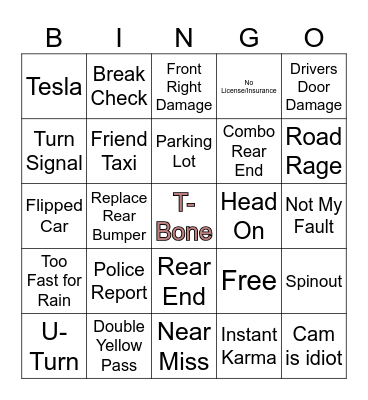 Car Crash Bingo Card
