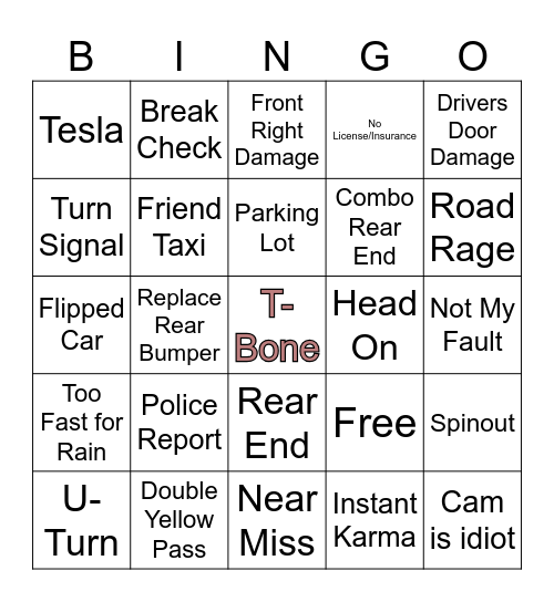 Car Crash Bingo Card