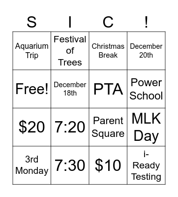 December SIC BINGO Card