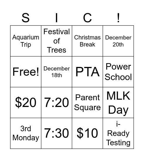 December SIC BINGO Card