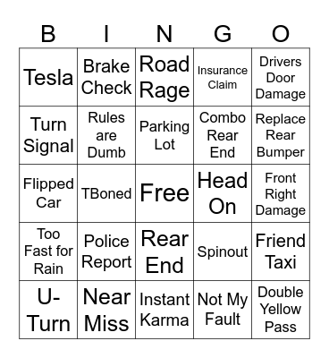 Car Crash Bingo Card