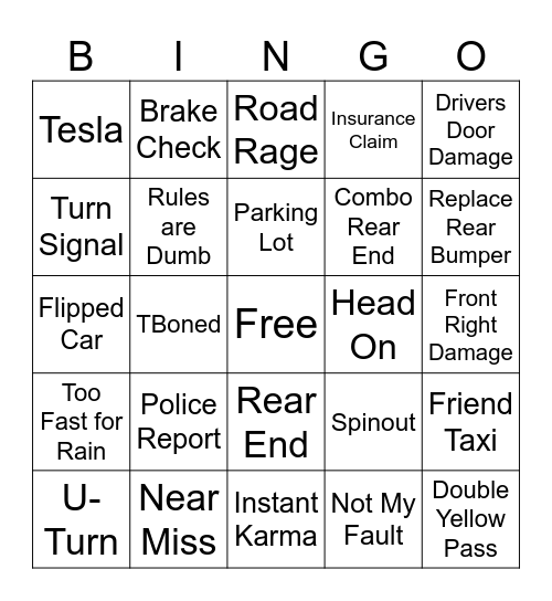 Car Crash Bingo Card