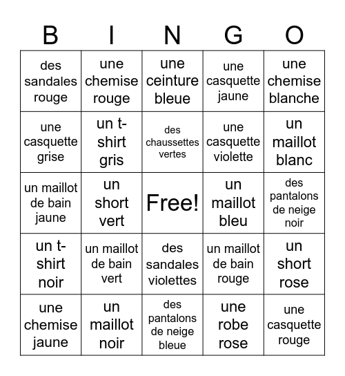 Les vêtements Bingo Card