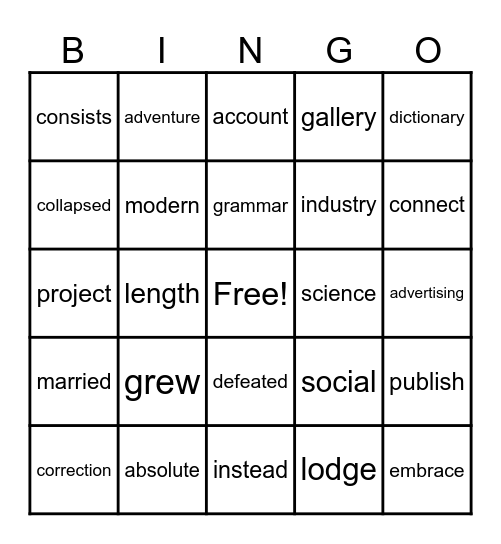 Week 15 Words Bingo Card