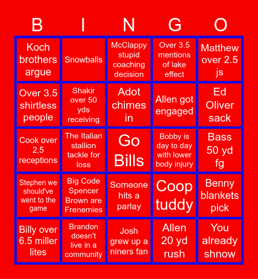 Bills vs Niners Bingo Card