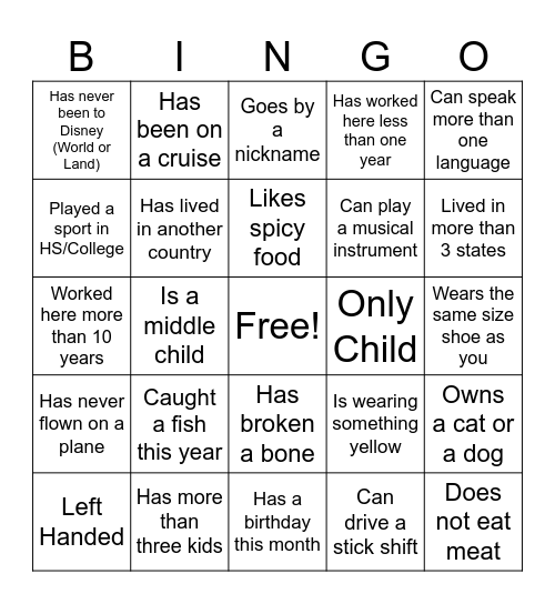 Co-worker Bingo Card