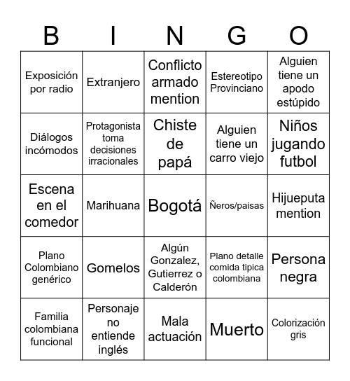 Colombian movie Bingo Card