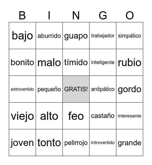 Spanish Adjectives Bingo Card