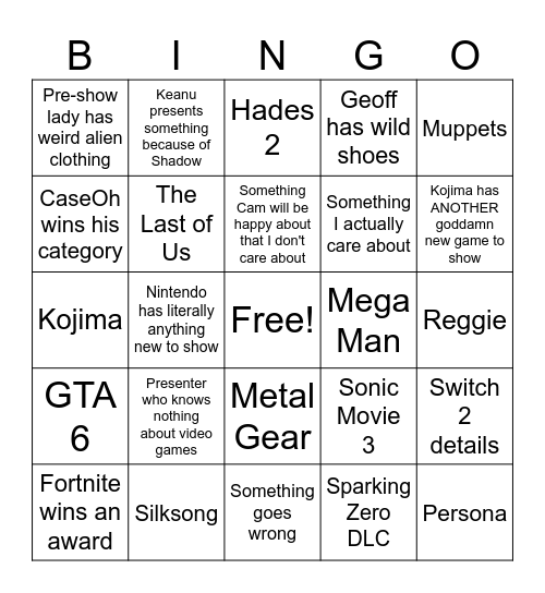 Game Awards 2024 Bingo Card