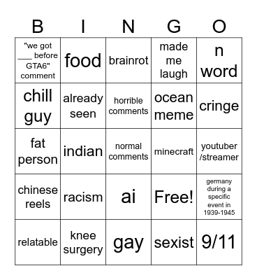 Instagram reels Bingo Card