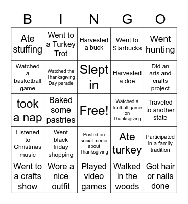 Thanksgiving Break Bingo Card