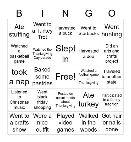 Thanksgiving Break Bingo Card