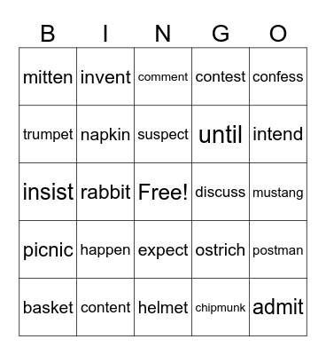 CV/VC Words Bingo Card
