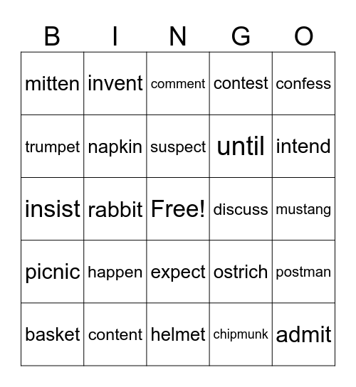 CV/VC Words Bingo Card
