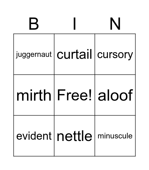 Vocabulary Dec. 2-8 Bingo Card