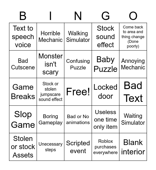 Terrible Roblox Horror Game Bingo Card