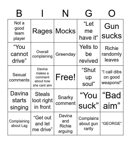 Dav and Rich Bingo Card