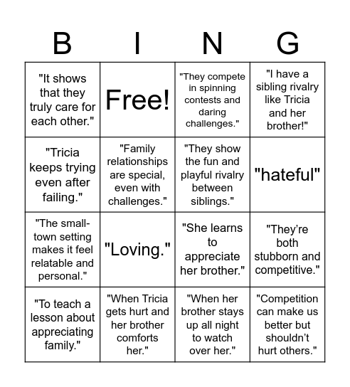 Bingo : My Rotten Redheaded Older Brother Bingo Card