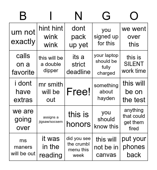 honors block Bingo Card