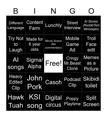 Brain Rot Bingo Card
