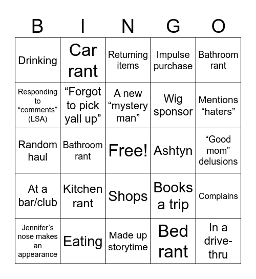 Mundane Gina Vlog Bingo Card