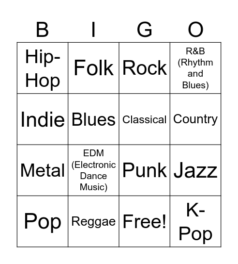 Musical Bingo Card