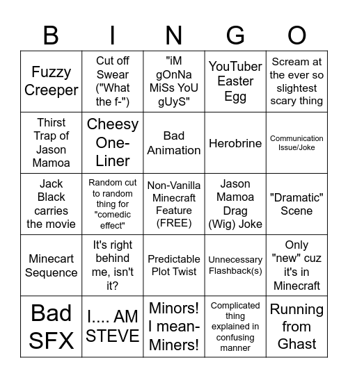 Minecraft Movie Bingo Card