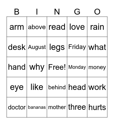 Basic Sight Words Bingo Card