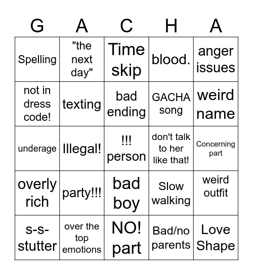 Gacha Bingo Bored Bingo Card