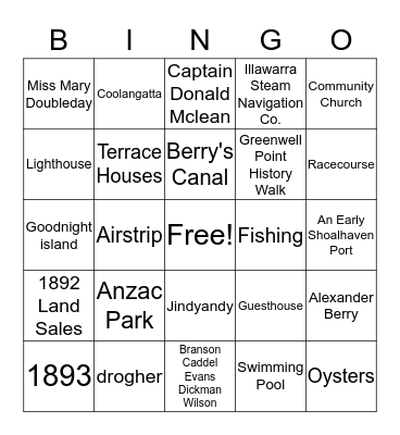 Greenwell Point History Group Bingo Card