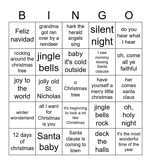 Christmas Song Bingo Card