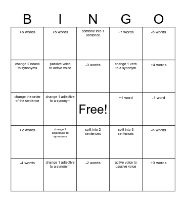 Paraphrasing Bingo Card