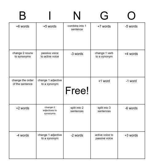 Paraphrasing Bingo Card