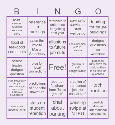 VC’s “All Staff” Forum Bingo 2024 Bingo Card