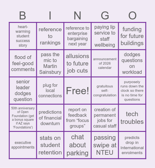VC’s “All Staff” Forum Bingo 2024 Bingo Card