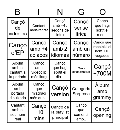 Bingo Musical Bingo Card