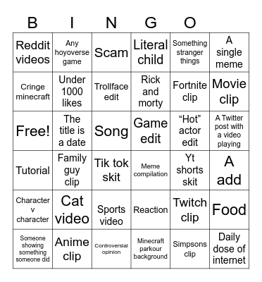 YT Shorts Bingo Card