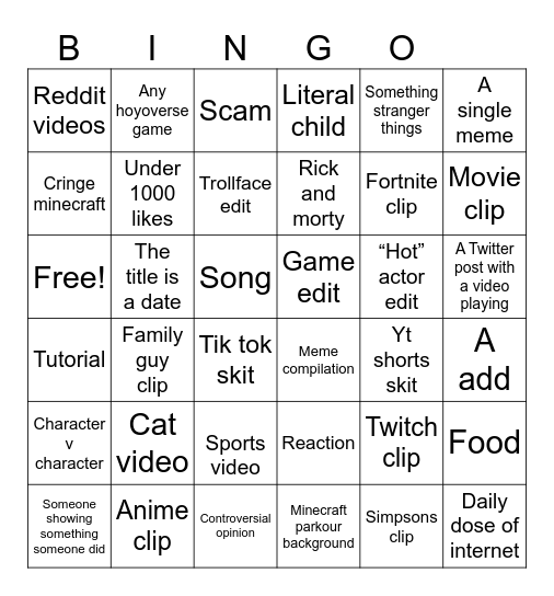 YT Shorts Bingo Card